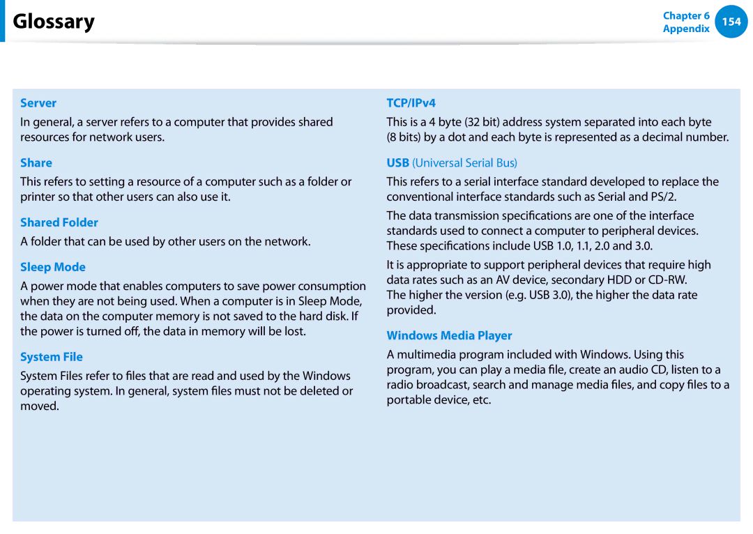 Samsung 700Z5C manual Server, Shared Folder, Sleep Mode, System File, TCP/IPv4, Windows Media Player 