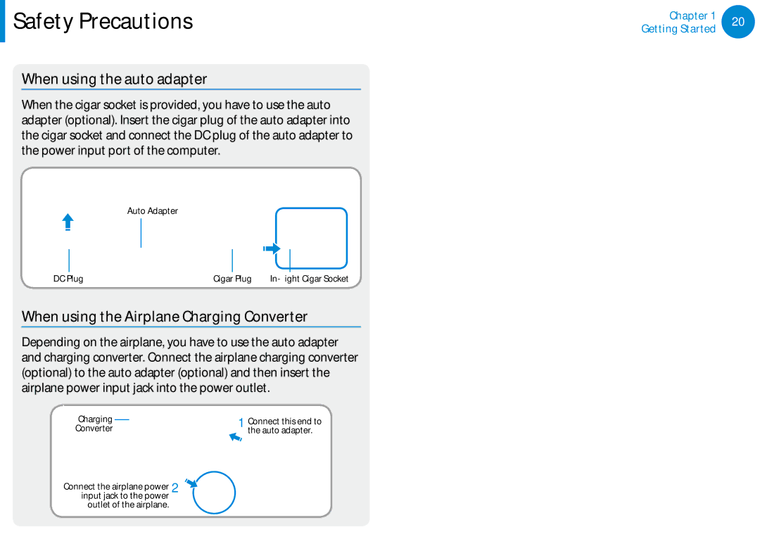 Samsung 700Z5C manual When using the auto adapter, When using the Airplane Charging Converter 