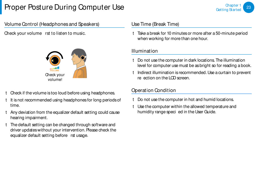 Samsung 700Z5C manual Volume Control Headphones and Speakers, Use Time Break Time, Illumination, Operation Condition 