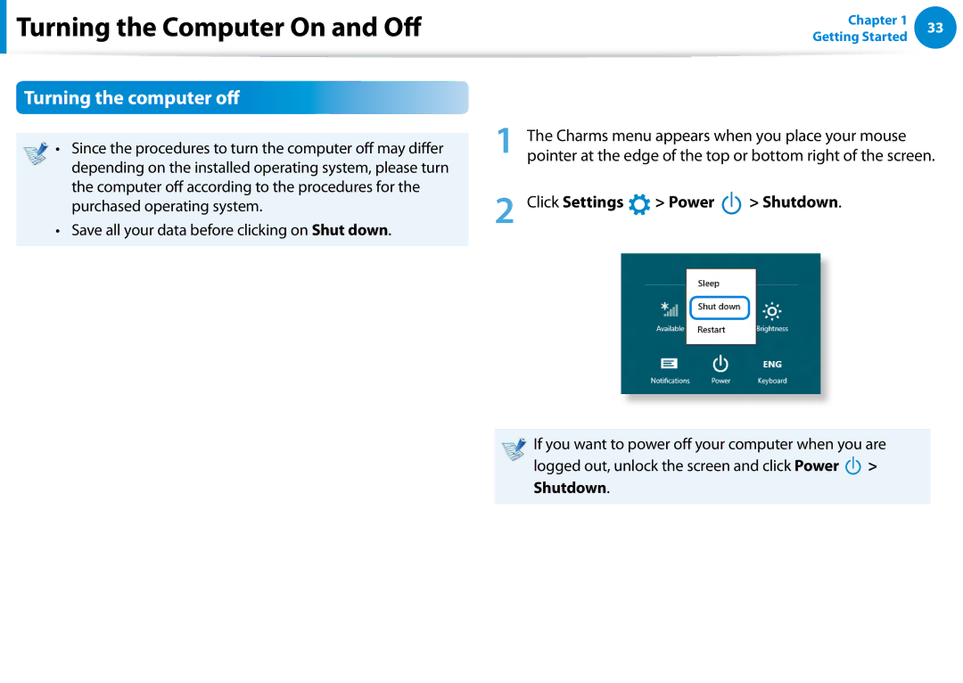 Samsung 700Z5C manual Turning the computer, Click Settings Power Shutdown 