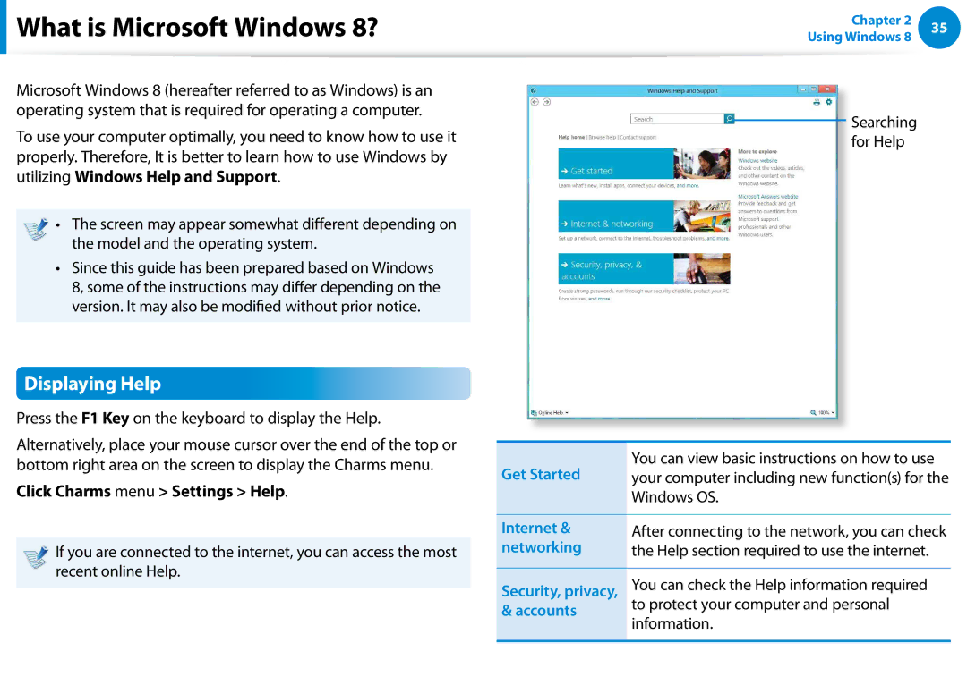 Samsung 700Z5C manual What is Microsoft Windows 8?, Displaying Help, Windows OS, To protect your computer and personal 