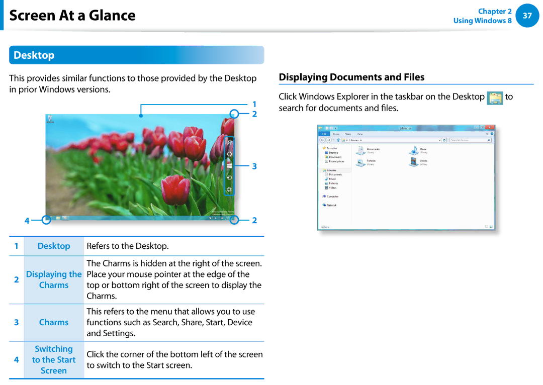 Samsung 700Z5C manual Desktop, Displaying Documents and Files, To switch to the Start screen 