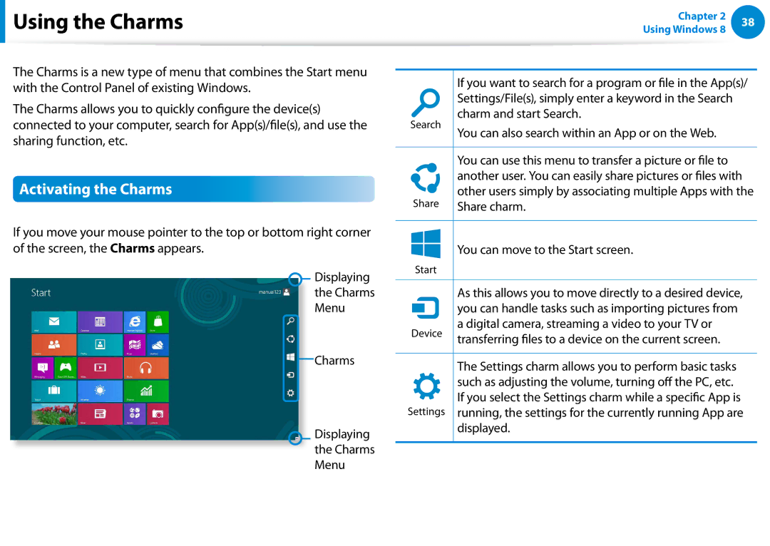 Samsung 700Z5C manual Using the Charms, Activating the Charms 