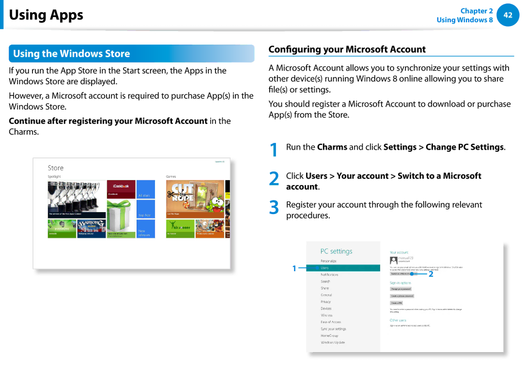 Samsung 700Z5C manual Using the Windows Store, Coniguring your Microsoft Account 