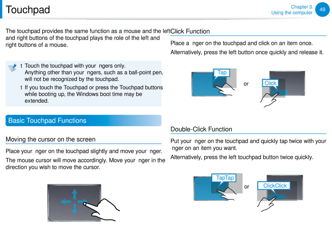 Samsung 700Z5C manual Basic Touchpad Functions, Moving the cursor on the screen, Double-Click Function 