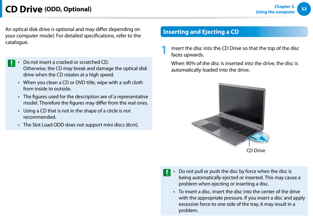 Samsung 700Z5C manual CD Drive ODD, Optional, Inserting and Ejecting a CD 