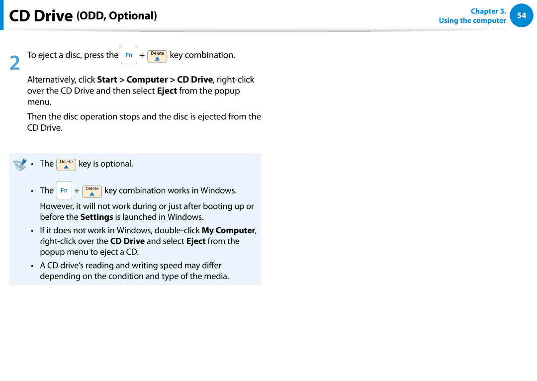 Samsung 700Z5C manual To eject a disc, press + Delete key combination 