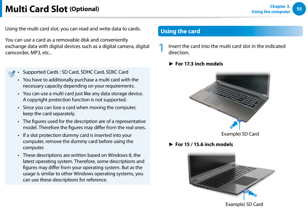 Samsung 700Z5C Multi Card Slot Optional, Using the card, For 17.3 inch models, Example SD Card, For 15 / 15.6 inch models 