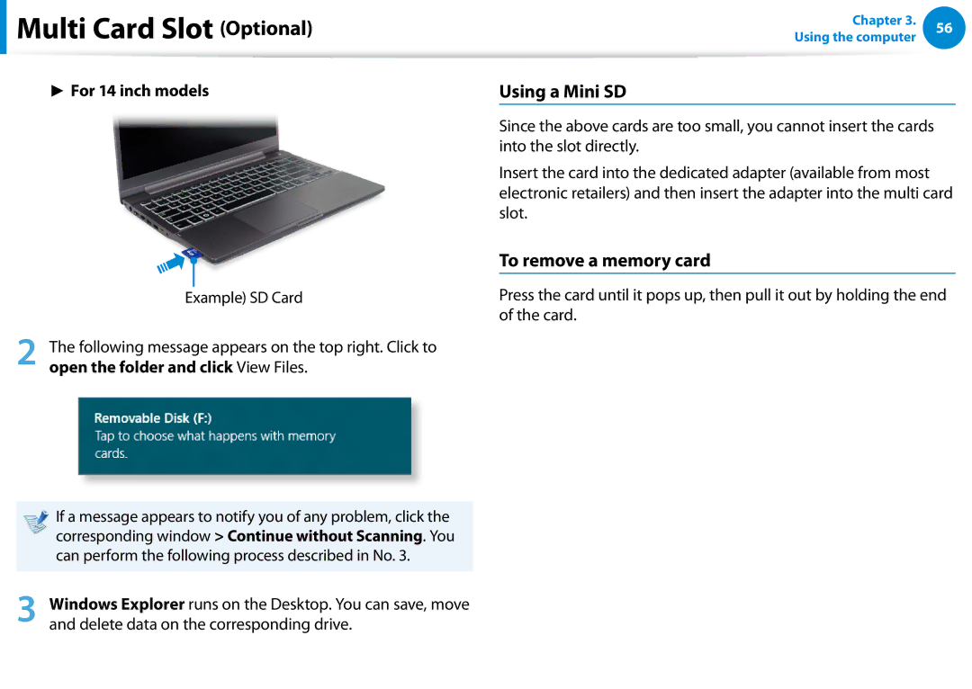 Samsung 700Z5C manual Using a Mini SD, To remove a memory card, For 14 inch models 