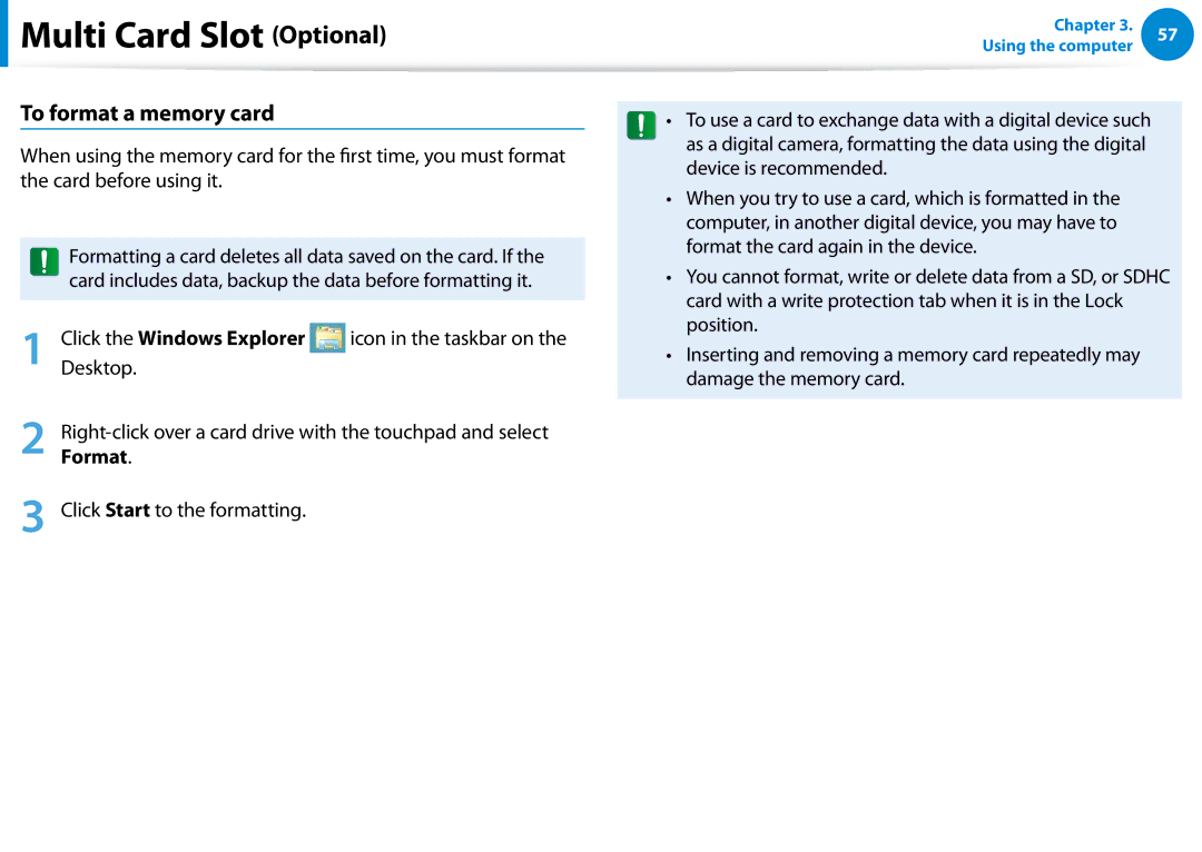 Samsung 700Z5C manual To format a memory card, Click the Windows Explorer, Desktop, Format, Click Start to the formatting 