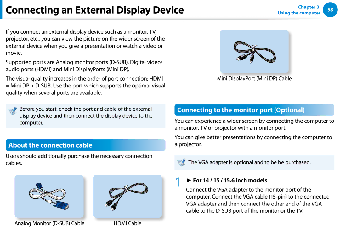 Samsung 700Z5C Connecting an External Display Device, About the connection cable, Connecting to the monitor port Optional 