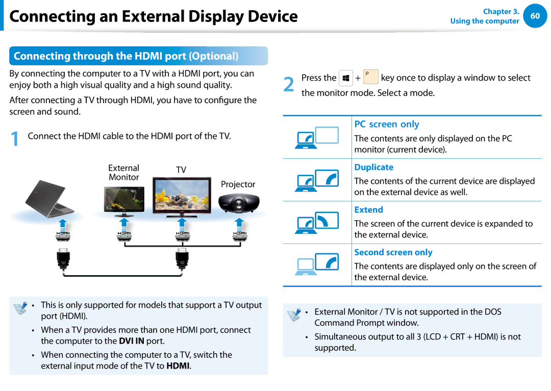 Samsung 700Z5C manual Connecting through the Hdmi port Optional, Monitor Projector 