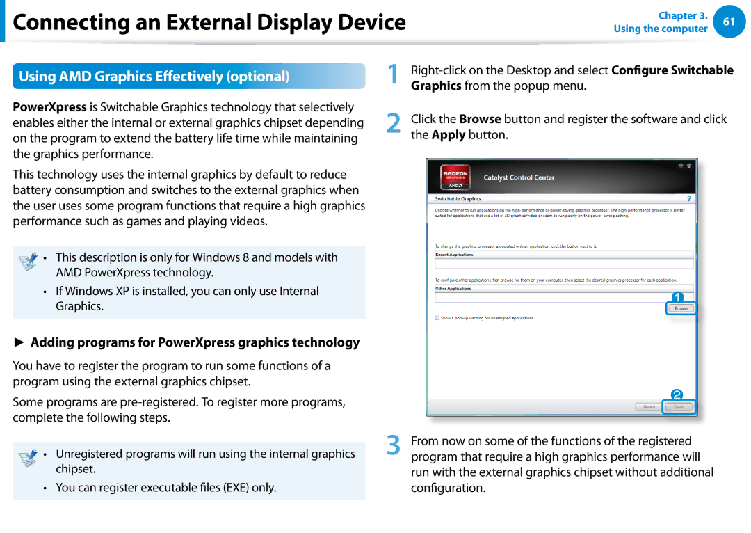 Samsung 700Z5C manual Using AMD Graphics Efectively optional, Graphics from the popup menu 