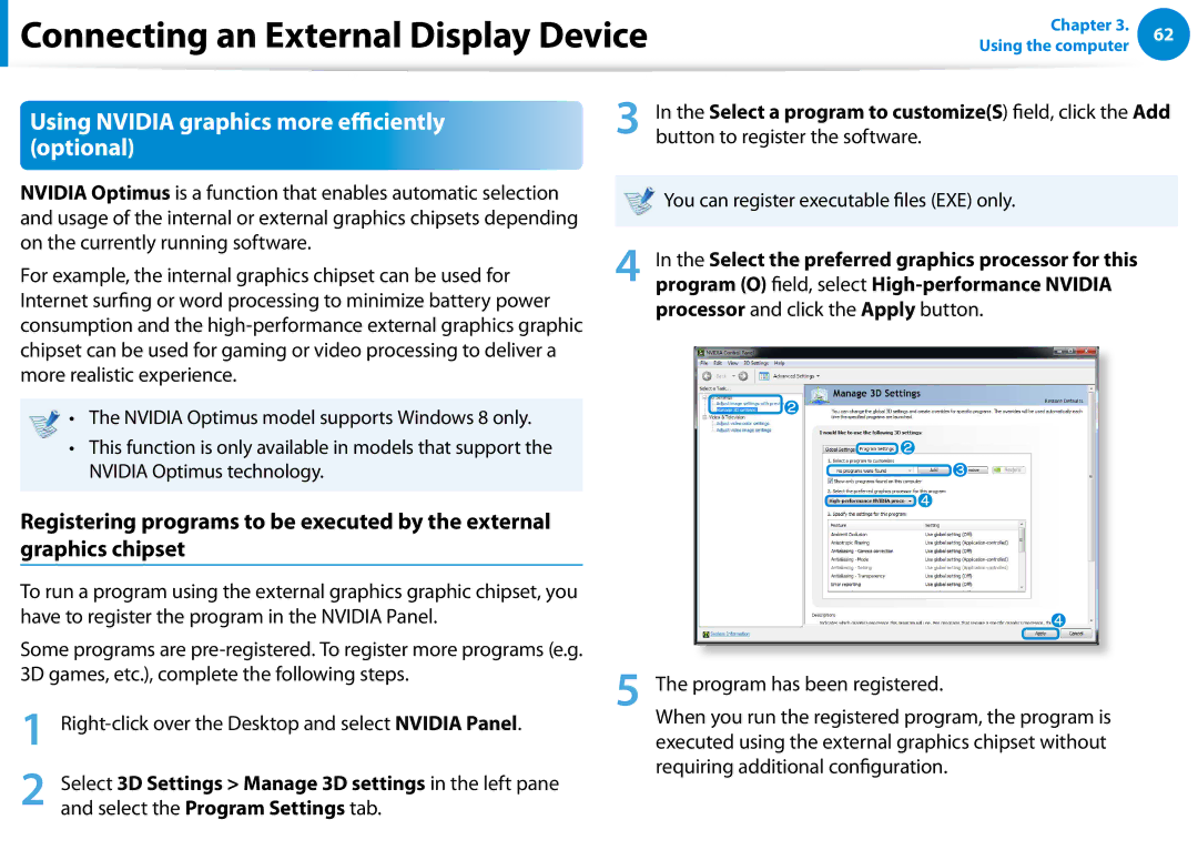 Samsung 700Z5C manual Using Nvidia graphics more eiciently optional 