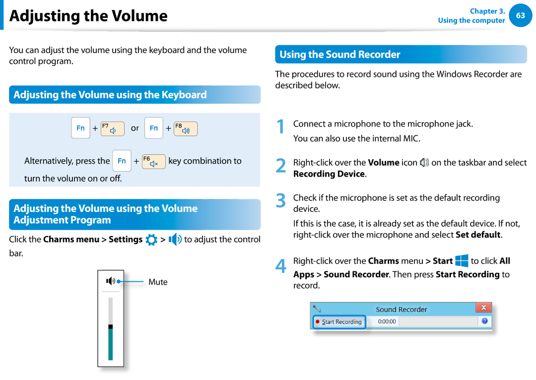 Samsung 700Z5C manual Adjusting the Volume using the Keyboard, Adjusting the Volume using the Volume Adjustment Program 