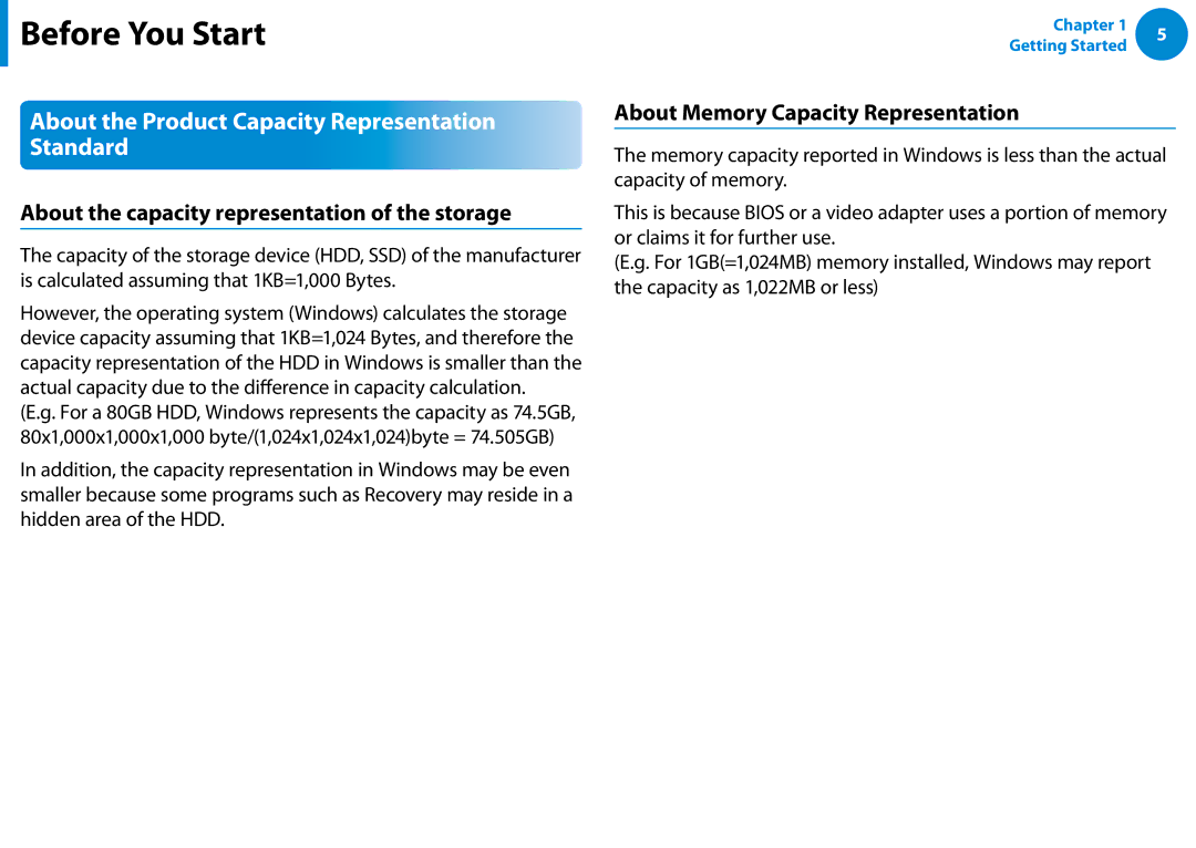 Samsung 700Z5C manual About the Product Capacity Representation Standard, About the capacity representation of the storage 