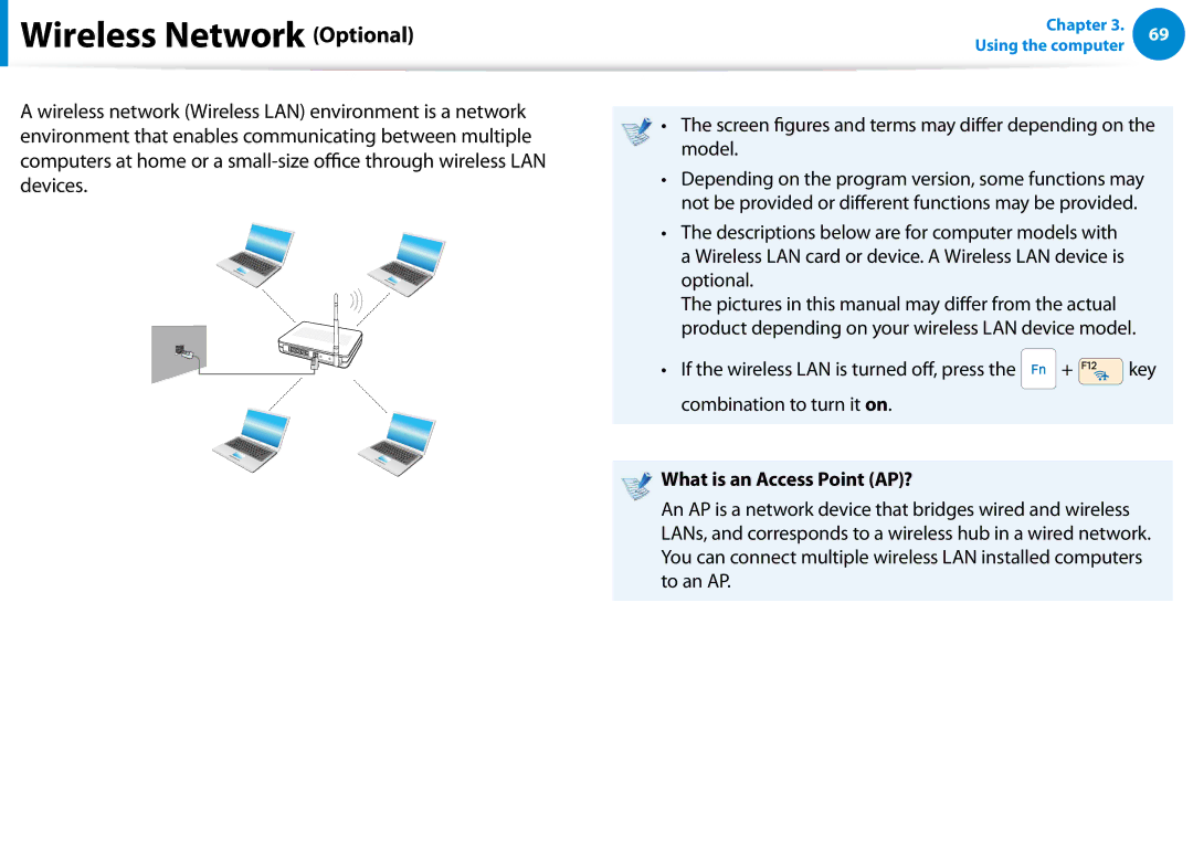 Samsung 700Z5C manual Wireless Network Optional, Screen igures and terms may difer depending on the model 