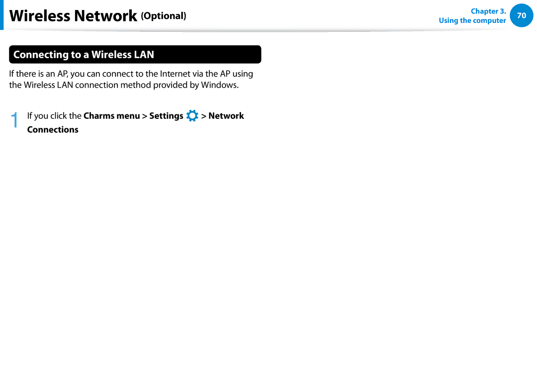 Samsung 700Z5C manual Connecting to a Wireless LAN, If you click the Charms menu Settings 