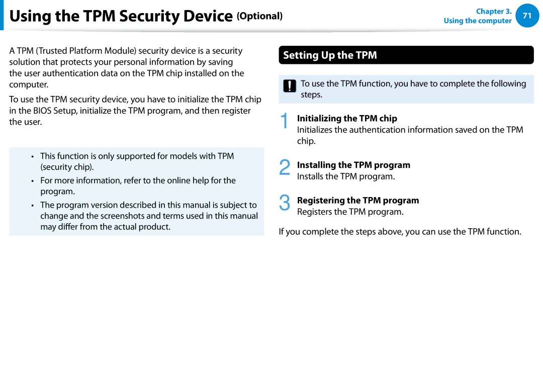 Samsung 700Z5C manual Using the TPM Security Device Optional, Setting Up the TPM, Initializing the TPM chip, Chip 