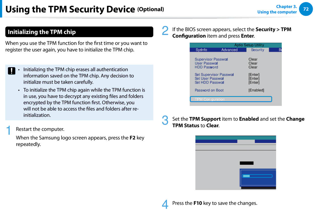 Samsung 700Z5C manual Using the TPM Security Device, Initializing the TPM chip, Optional, Security TPM 