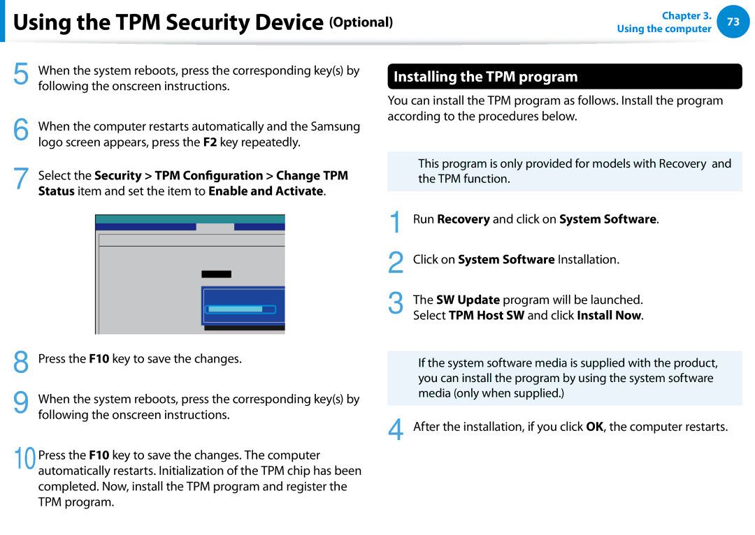 Samsung 700Z5C manual Using the TPM Security Device Optional, Installing the TPM program 