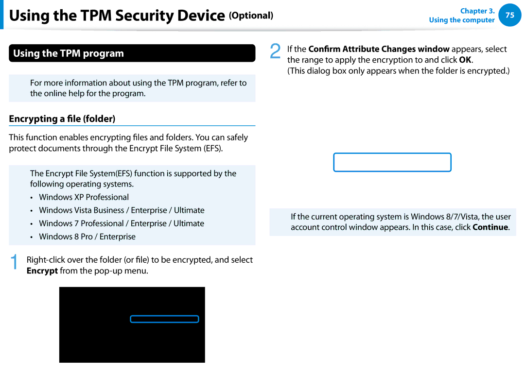 Samsung 700Z5C Using the TPM program, Encrypting a ile folder, This dialog box only appears when the folder is encrypted 