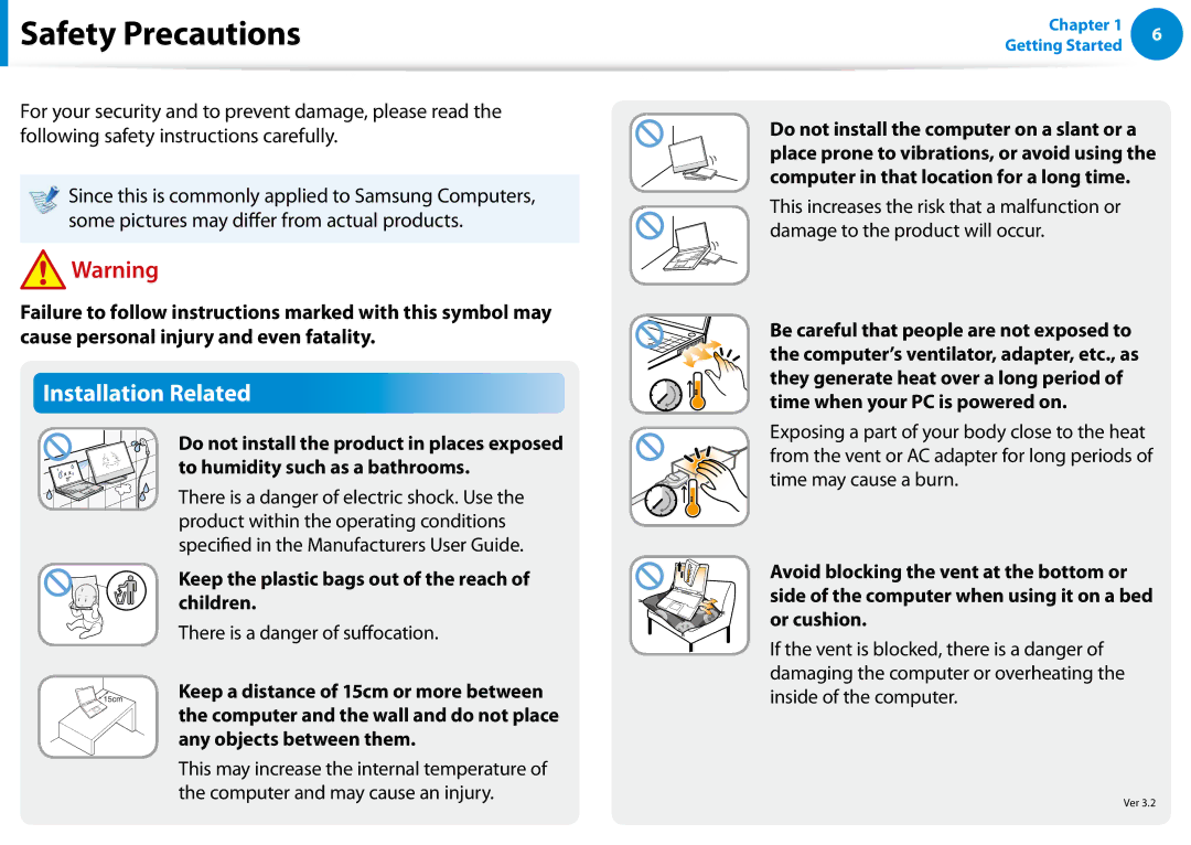 Samsung 700Z5C manual Safety Precautions, Installation Related, Keep the plastic bags out of the reach of children 