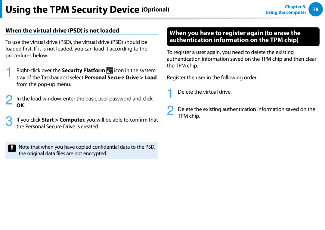 Samsung 700Z5C When the virtual drive PSD is not loaded, Right-click over the Security Platform, From the pop-up menu 