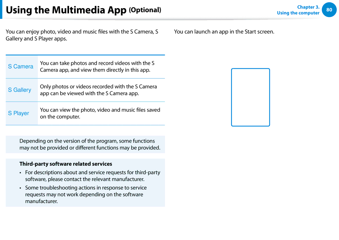 Samsung 700Z5C manual Using the Multimedia App Optional, Camera app, and view them directly in this app, On the computer 