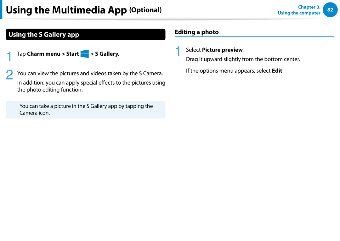 Samsung 700Z5C manual Using the S Gallery app, Editing a photo, Tap Charm menu Start Gallery, Select Picture preview 
