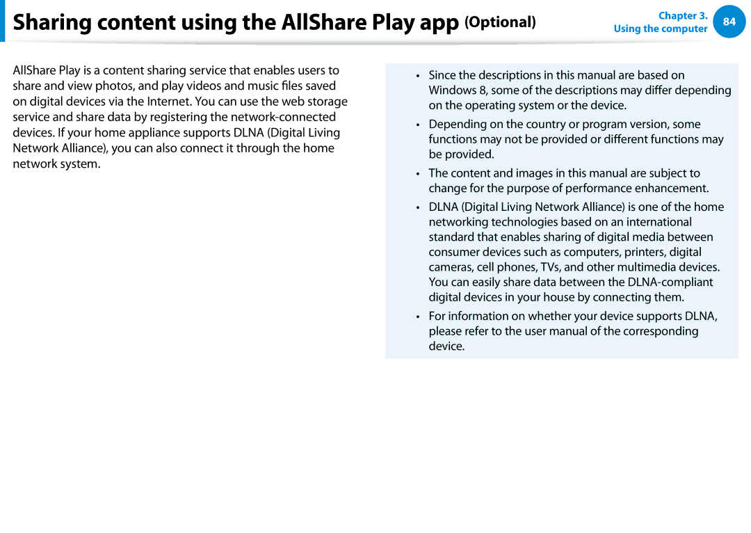 Samsung 700Z5C manual Sharing content using the AllShare Play app Optional 