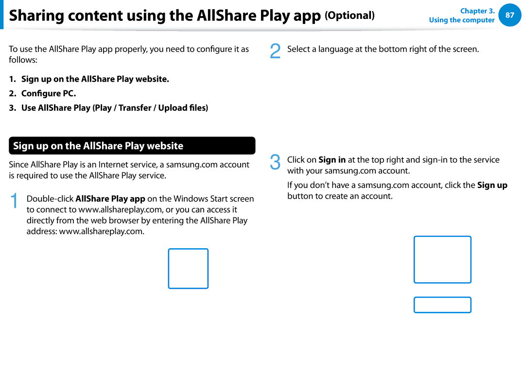 Samsung 700Z5C Sign up on the AllShare Play website, Follows, Double-click AllShare Play app on the Windows Start screen 