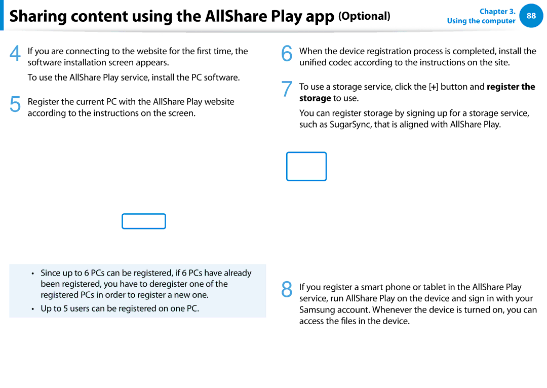 Samsung 700Z5C manual Sharing content using the AllShare Play app Optional 