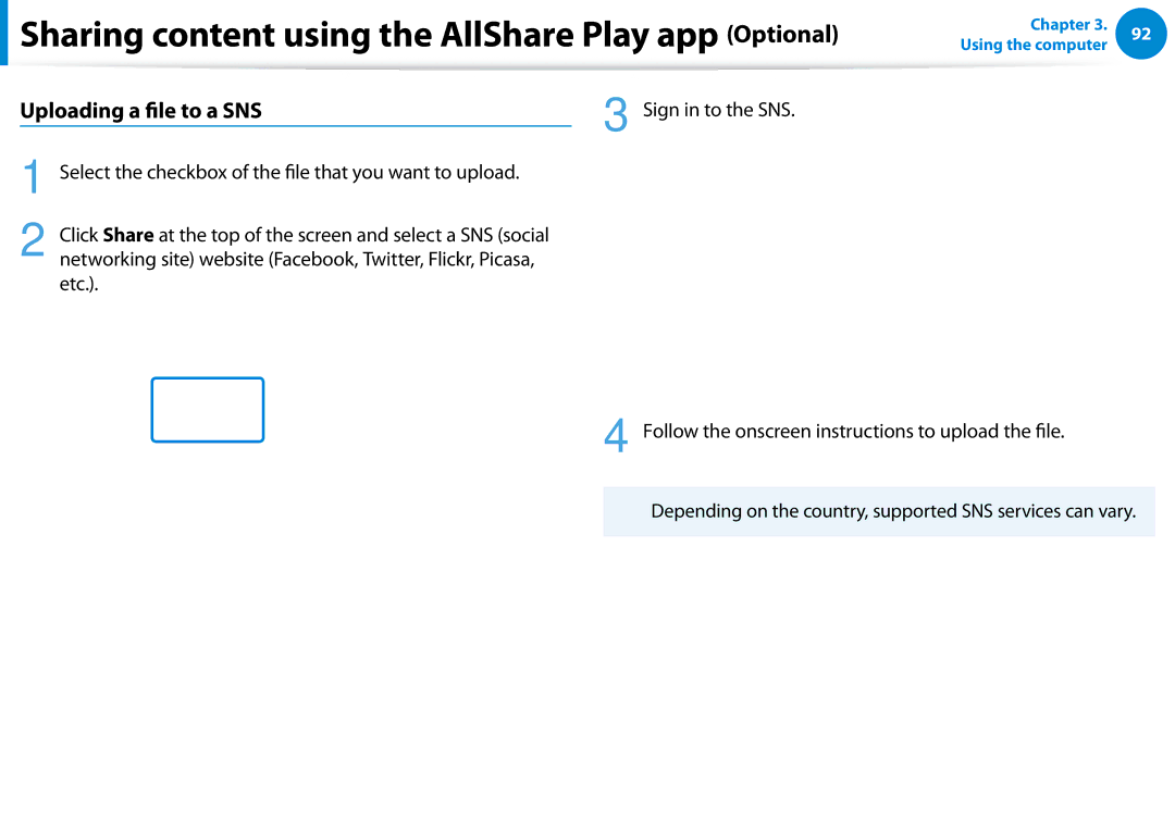 Samsung 700Z5C manual Uploading a ile to a SNS, Follow the onscreen instructions to upload the ile 