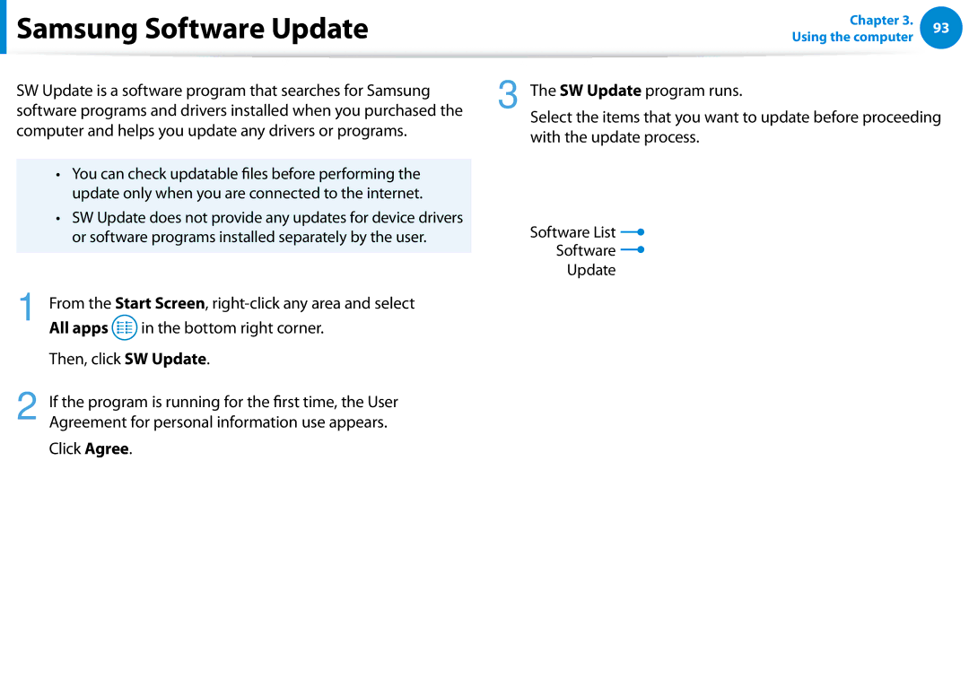 Samsung 700Z5C manual Samsung Software Update, Computer and helps you update any drivers or programs 