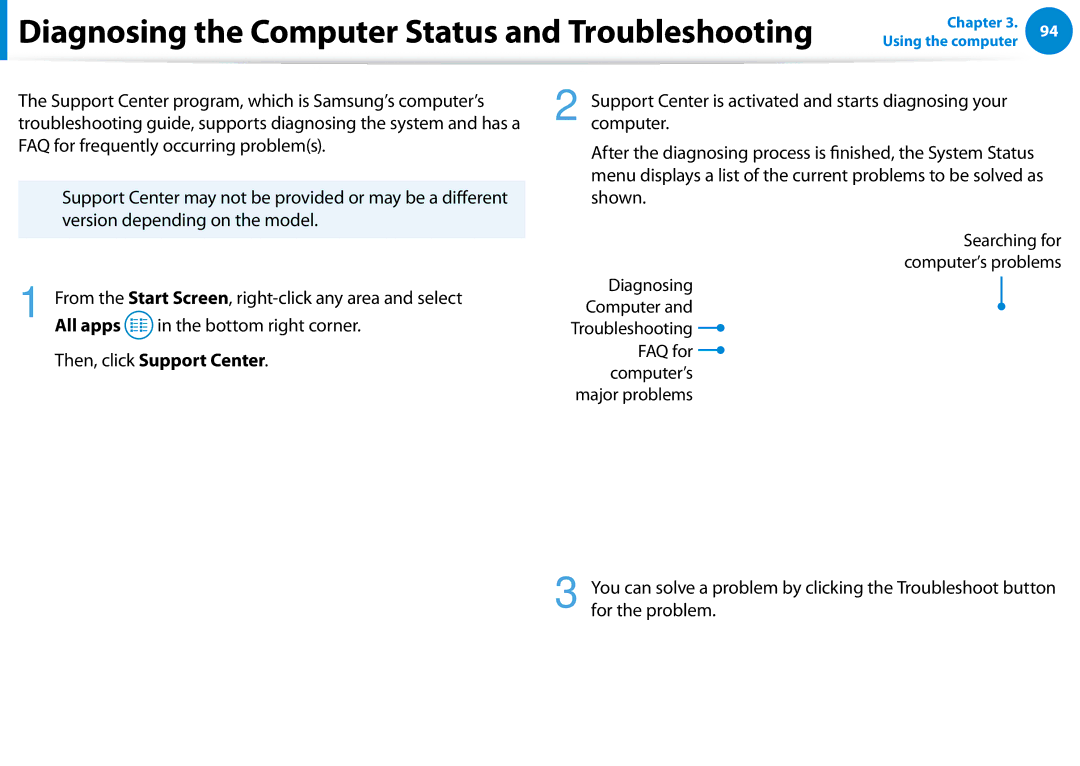 Samsung 700Z5C manual Diagnosing the Computer Status and Troubleshooting, Then, click Support Center 