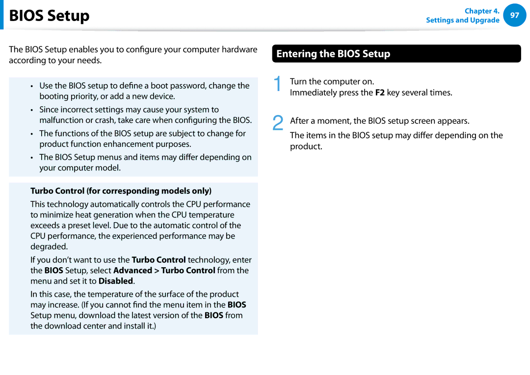 Samsung 700Z5C manual Entering the Bios Setup, Turbo Control for corresponding models only 