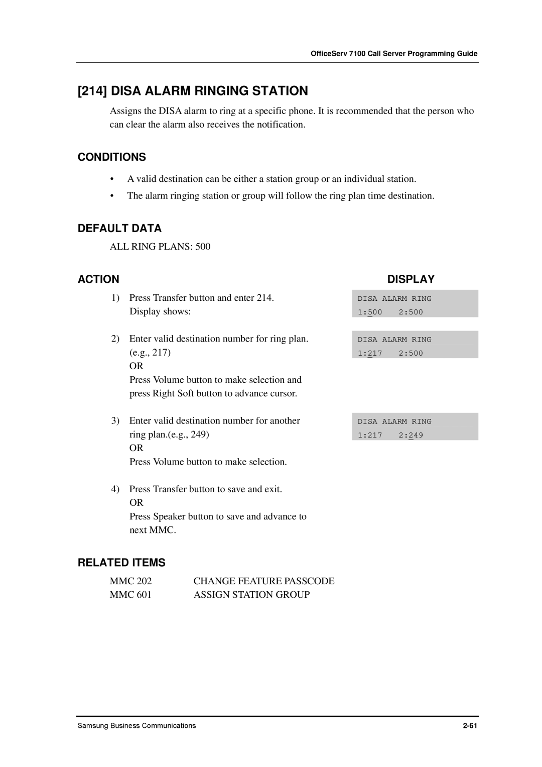 Samsung 7100 manual Disa Alarm Ringing Station, ALL Ring Plans 