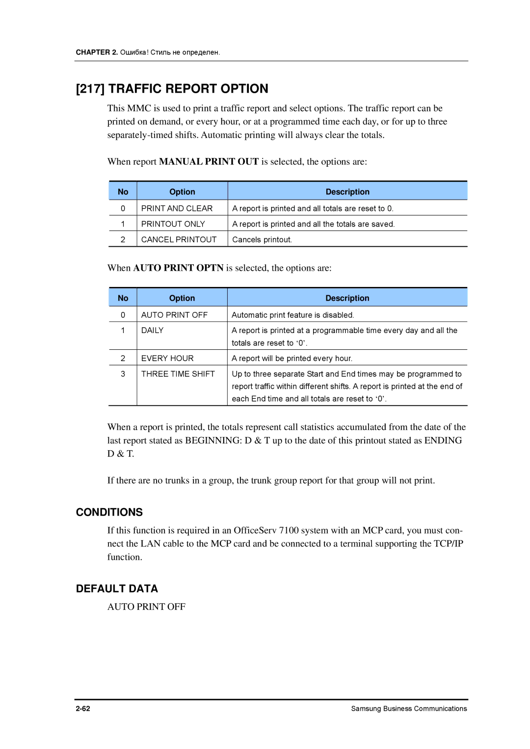 Samsung 7100 manual Traffic Report Option, Auto Print OFF 