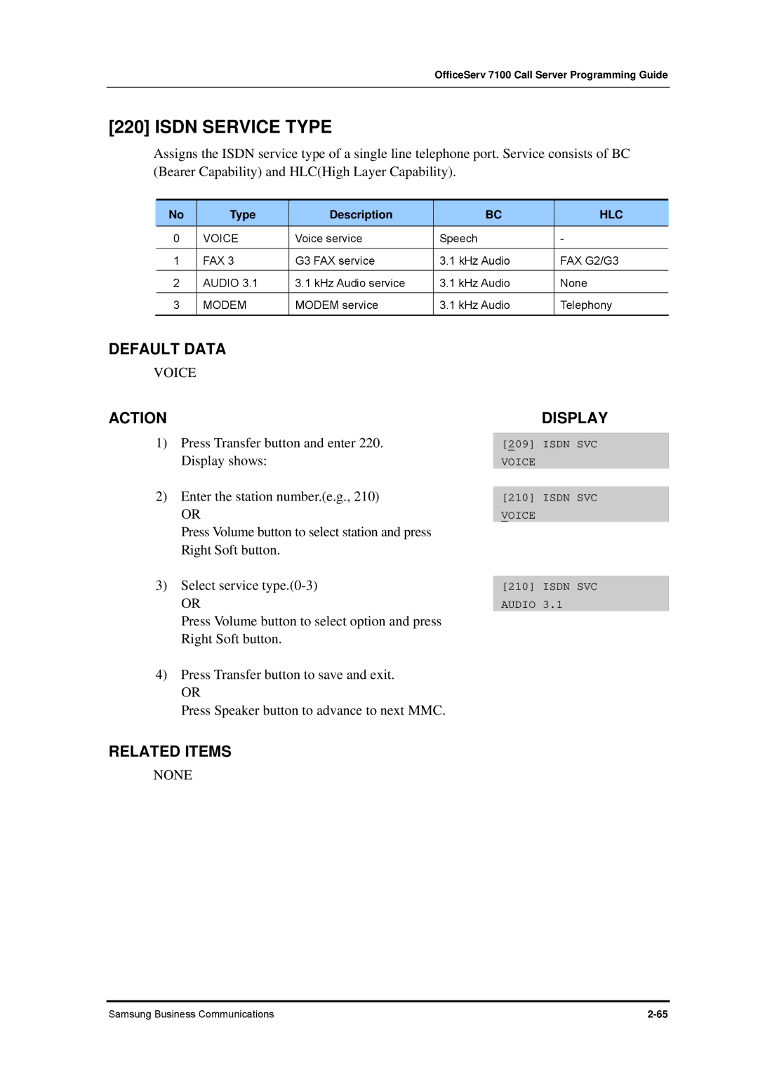 Samsung 7100 manual Isdn Service Type, Voice 