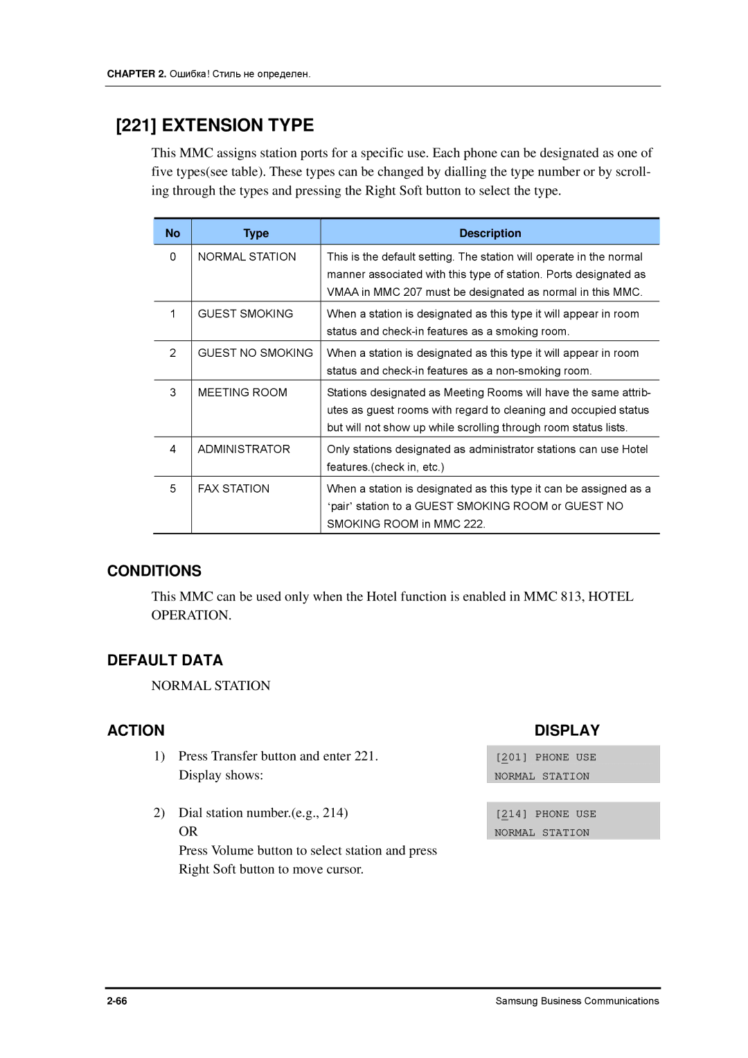 Samsung 7100 manual Extension Type, Normal Station 