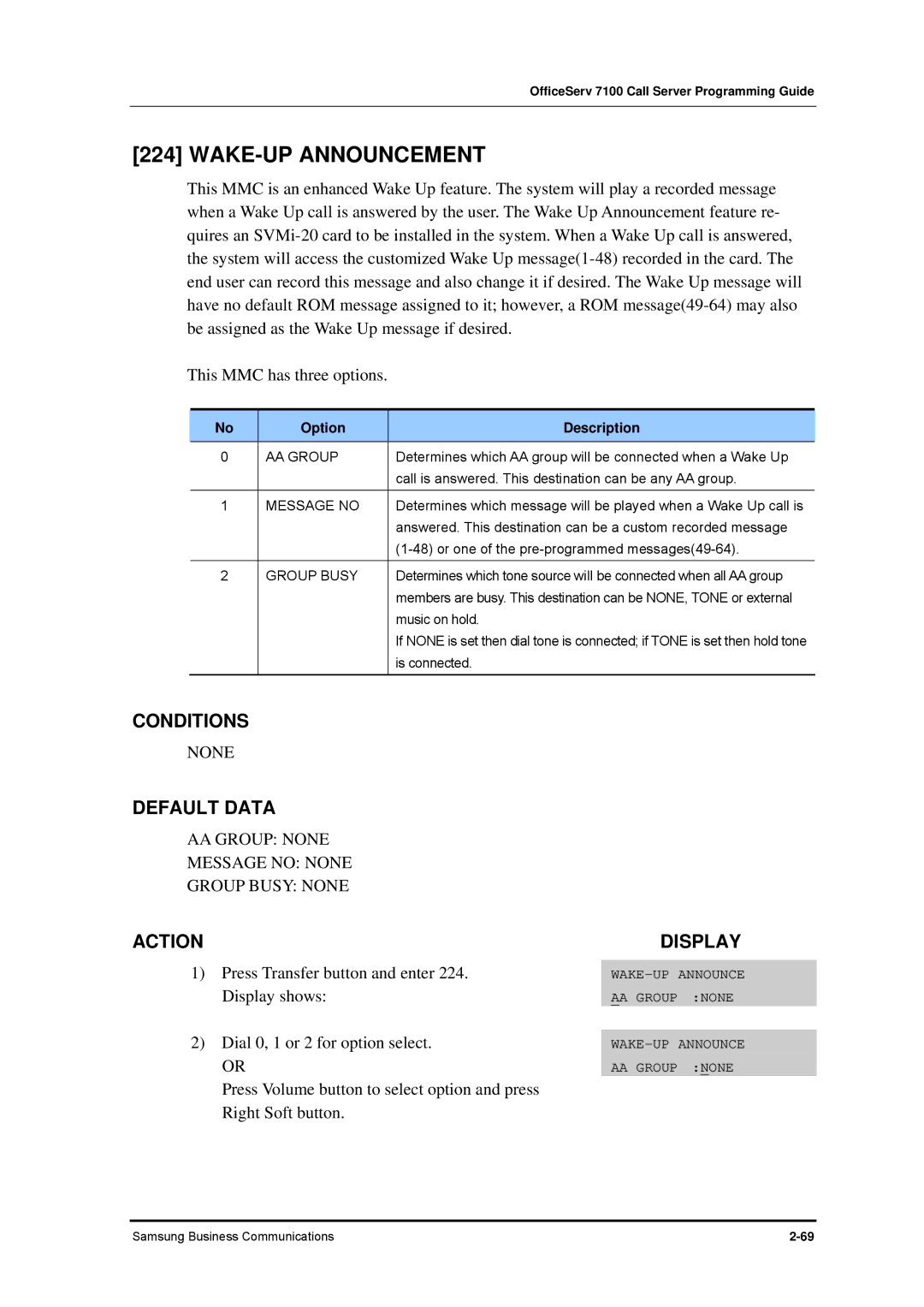 Samsung 7100 manual WAKE-UP Announcement, AA Group None Message no None Group Busy None 