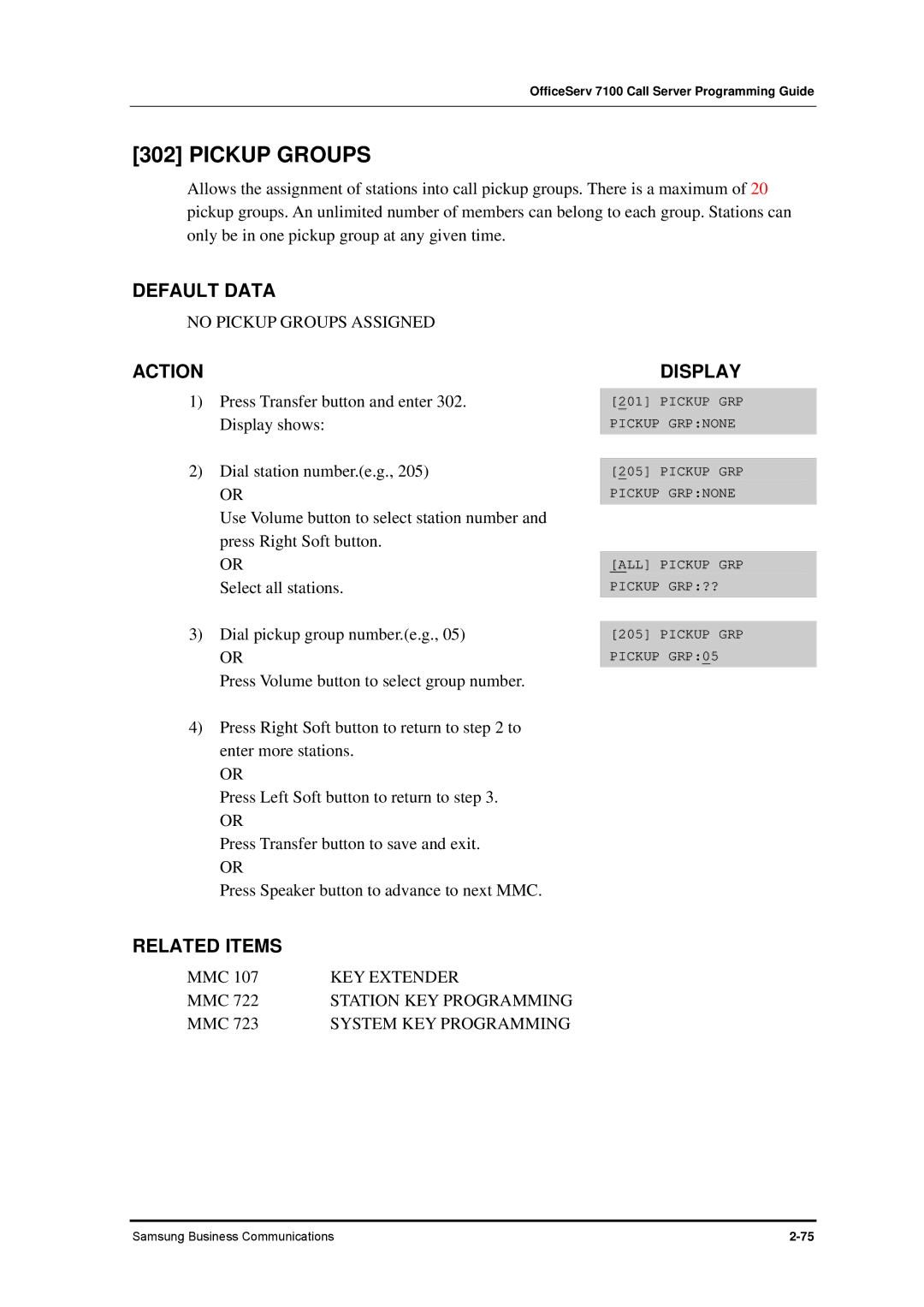 Samsung 7100 manual No Pickup Groups Assigned, KEY Extender 