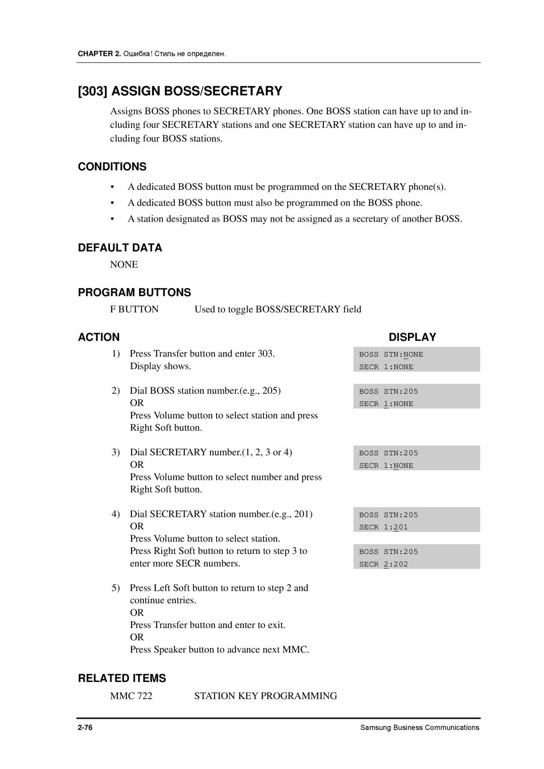 Samsung 7100 manual Assign BOSS/SECRETARY, None 