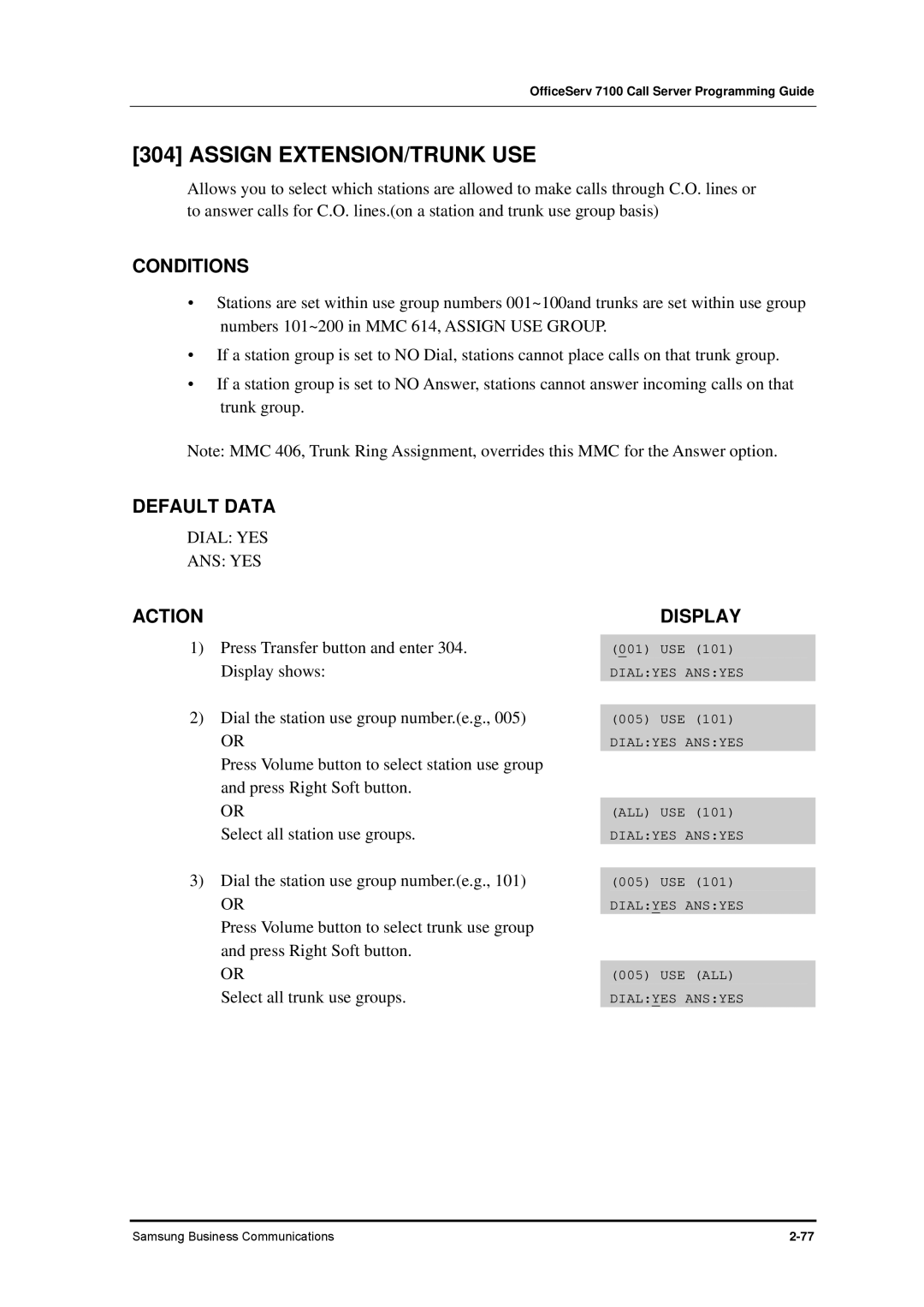 Samsung 7100 manual Assign EXTENSION/TRUNK USE, Dial YES ANS YES 