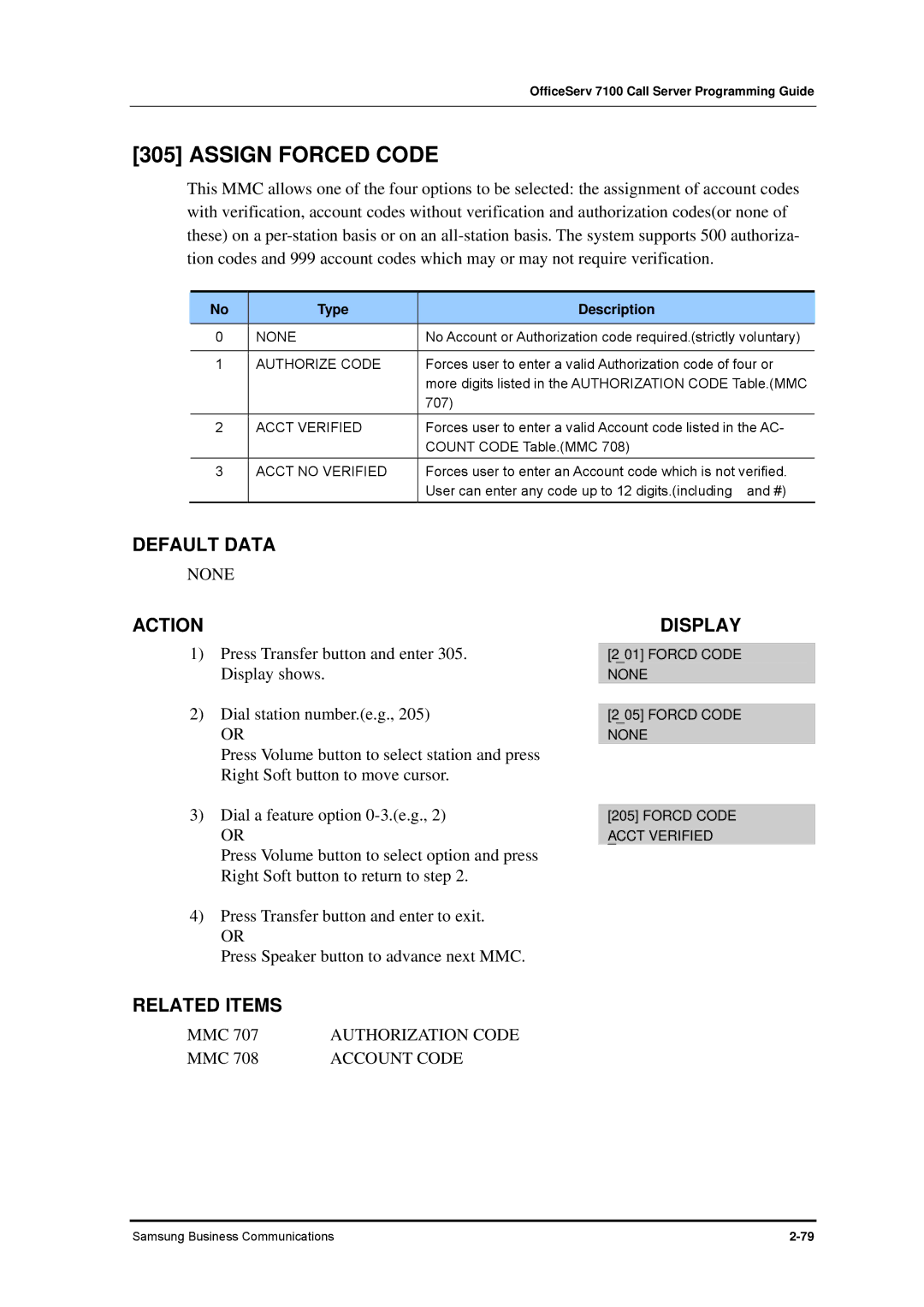 Samsung 7100 manual Assign Forced Code, Account Code 