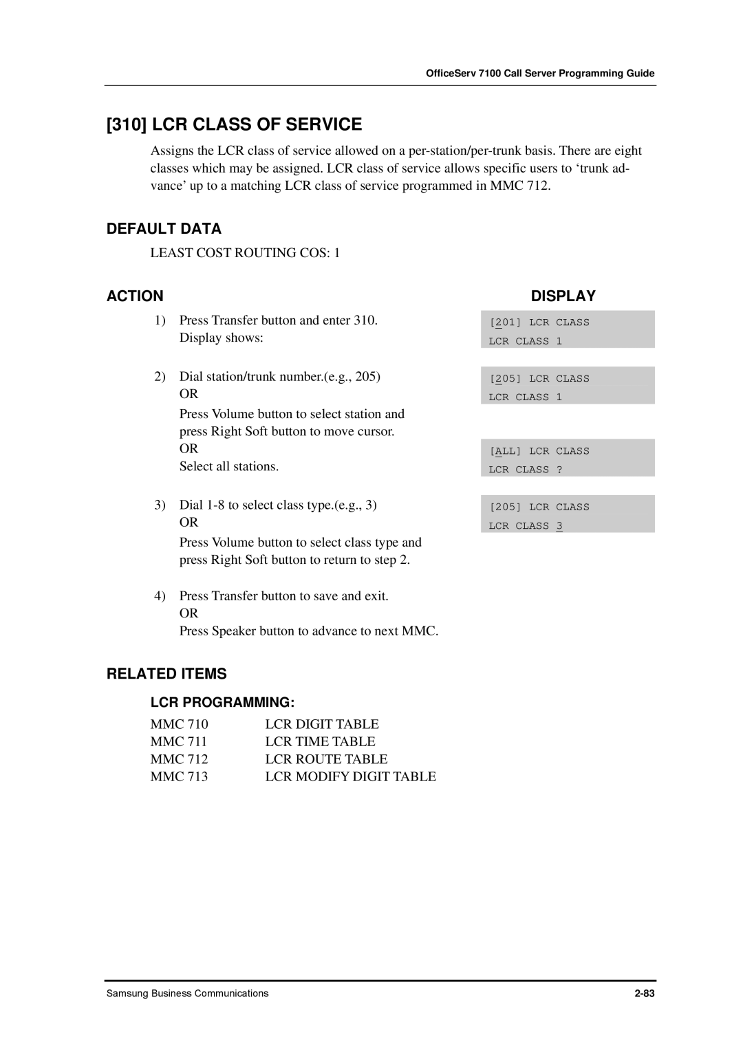 Samsung 7100 manual LCR Class of Service, Least Cost Routing COS, LCR Route Table 