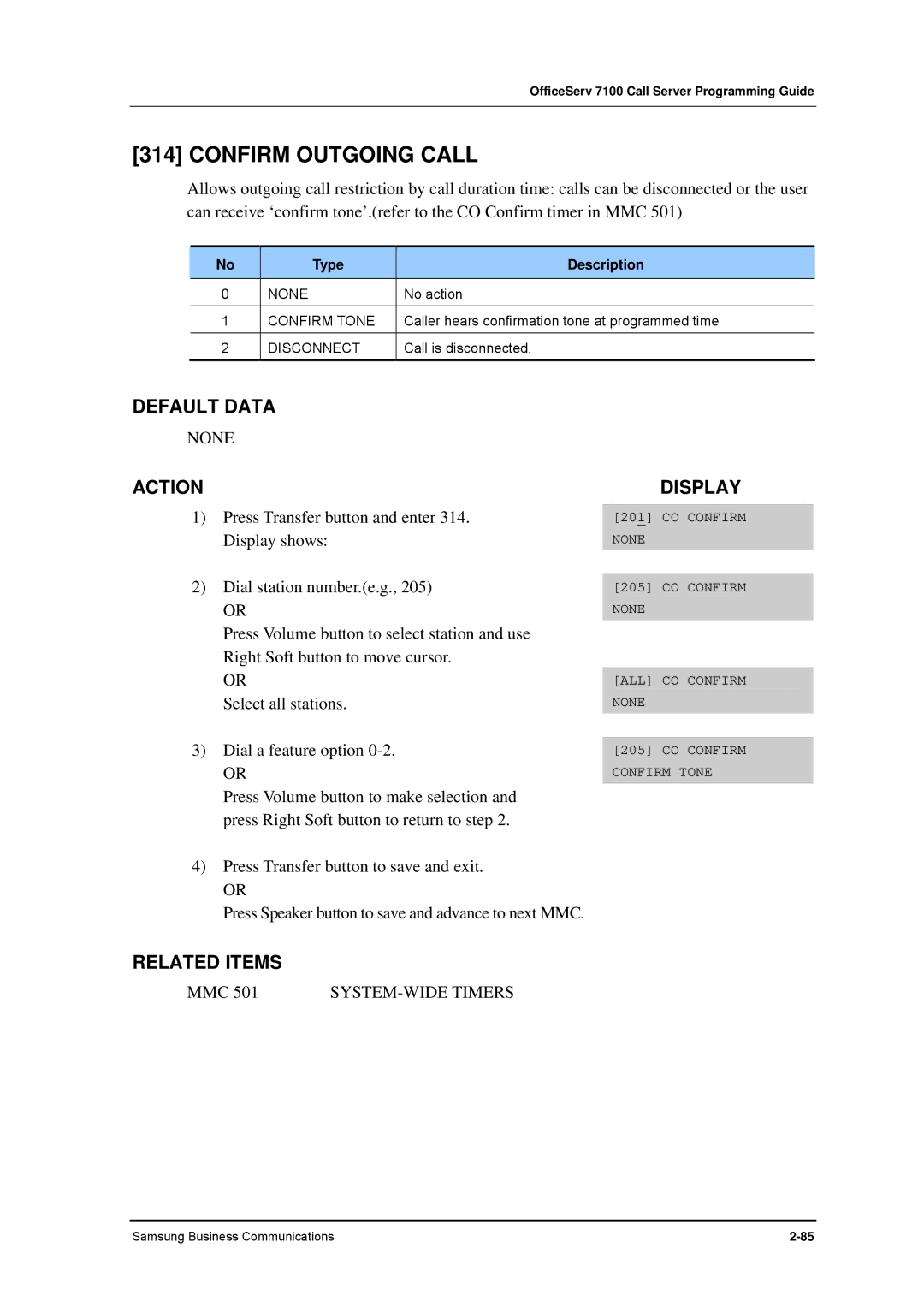 Samsung 7100 manual Confirm Outgoing Call, Confirm Tone, Disconnect 