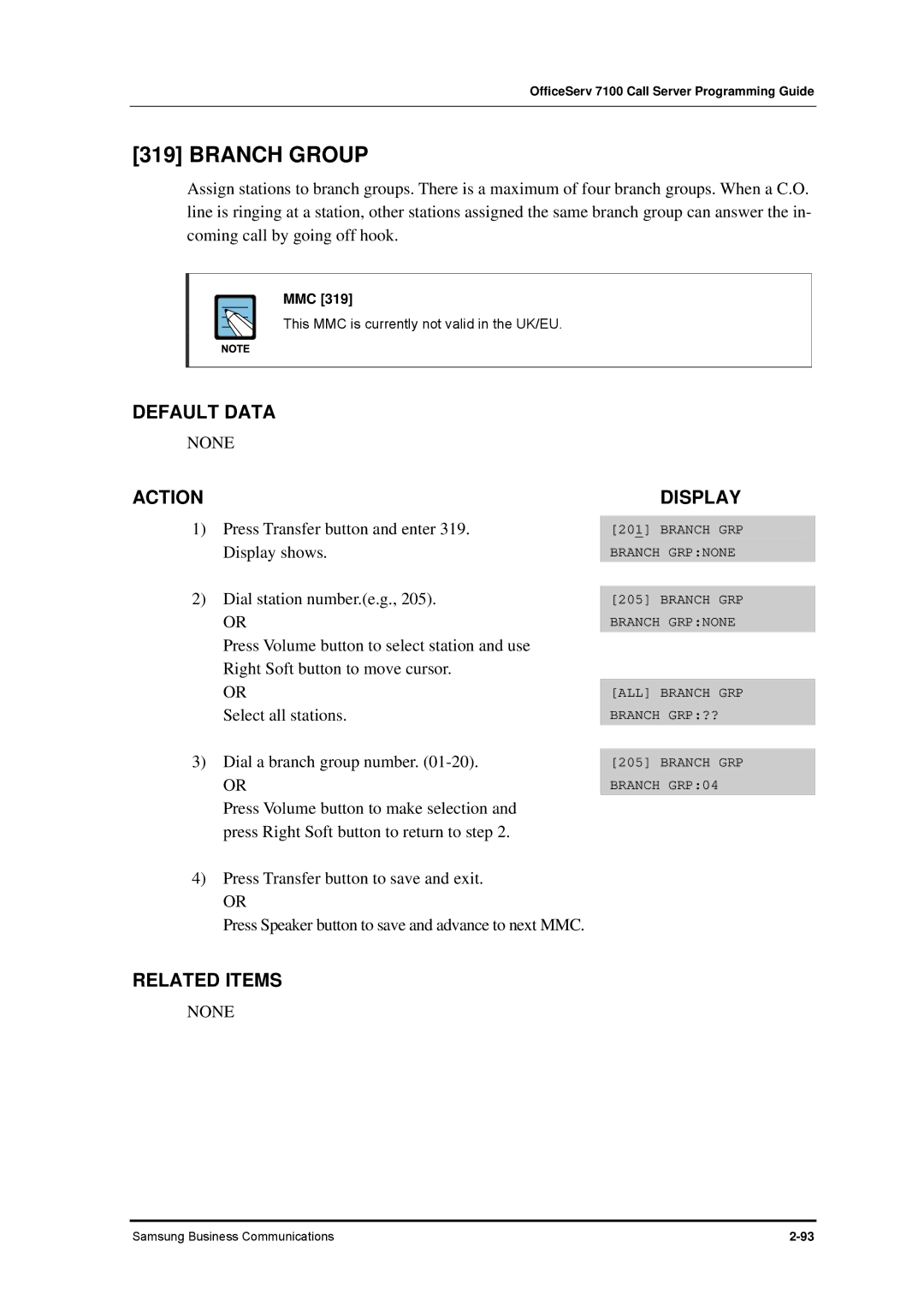 Samsung 7100 manual Branch Group, Mmc 