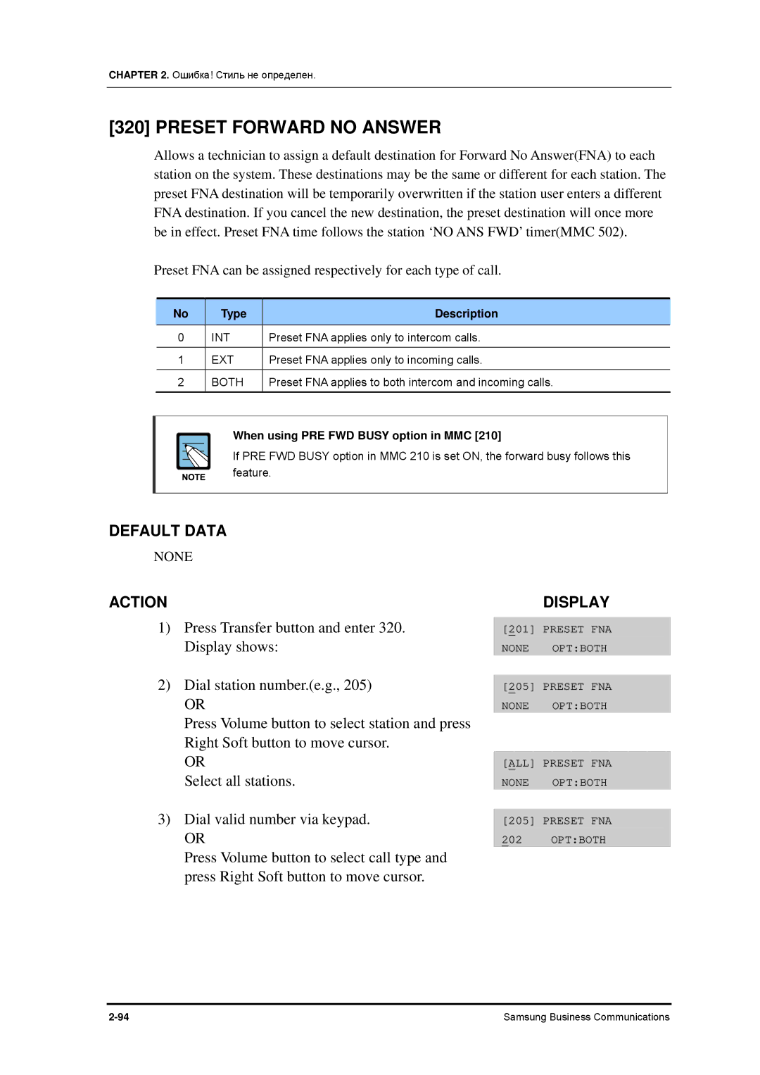 Samsung 7100 manual Preset Forward no Answer, Int, Ext, Both, When using PRE FWD Busy option in MMC 